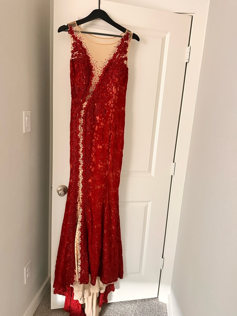 Red Lace Evening Gown with Illusion Bodice